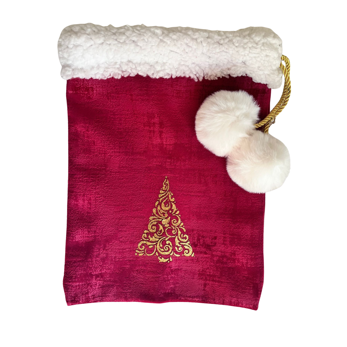 Pièce unique ! Sac d’emballage cadeau de Noël en velours rouge et or – réutilisable et élégant- motif sapin