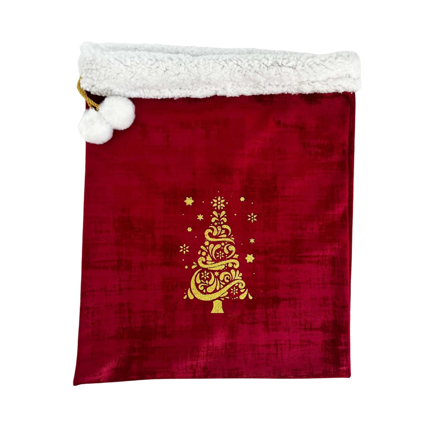 Nouveau ! Sac d’emballage cadeau de Noël en velours rouge et or – réutilisable et élégant- motif sapin