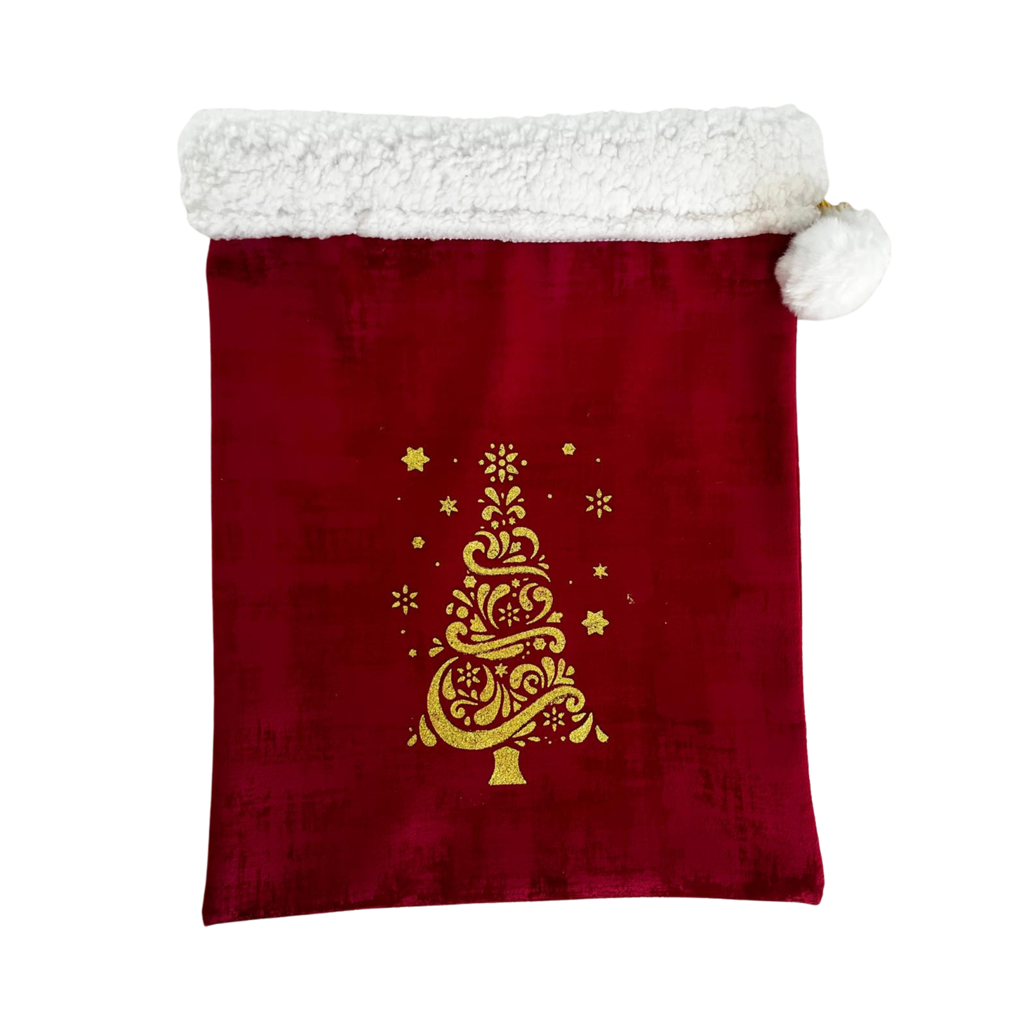 Nouveau ! Sac d’emballage cadeau de Noël en velours rouge et or – réutilisable et élégant- motif sapin
