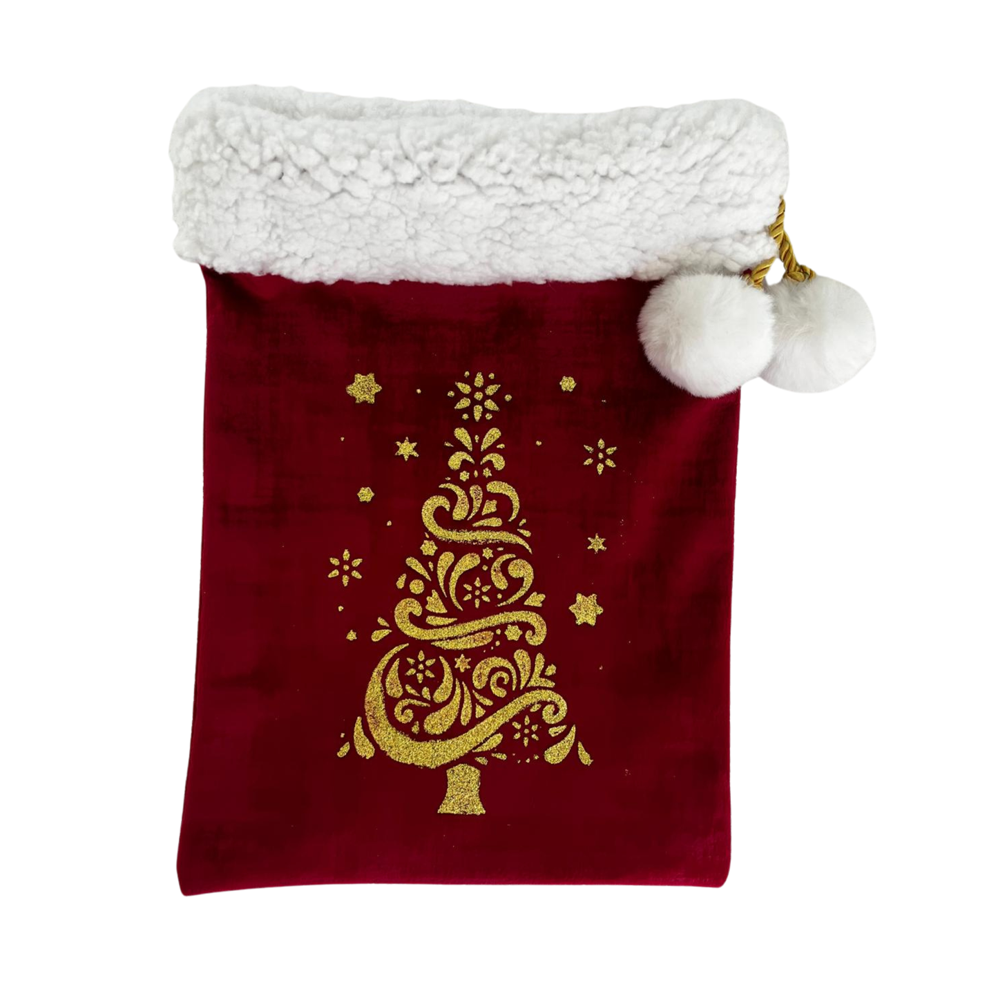 Nouveau ! Sac d’emballage cadeau de Noël en velours rouge et or – réutilisable et élégant- motif sapin