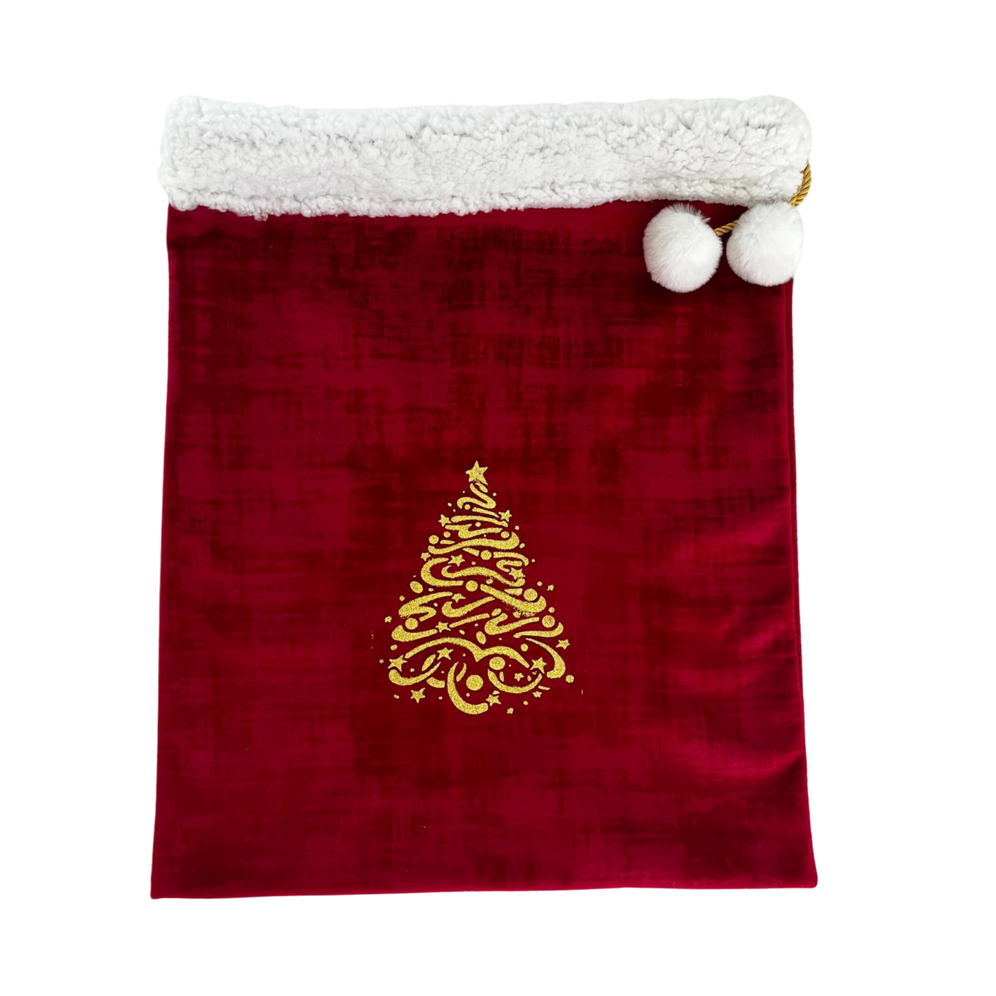 Nouveau ! Sac d’emballage cadeau de Noël en velours rouge et or – réutilisable et élégant- motif sapin