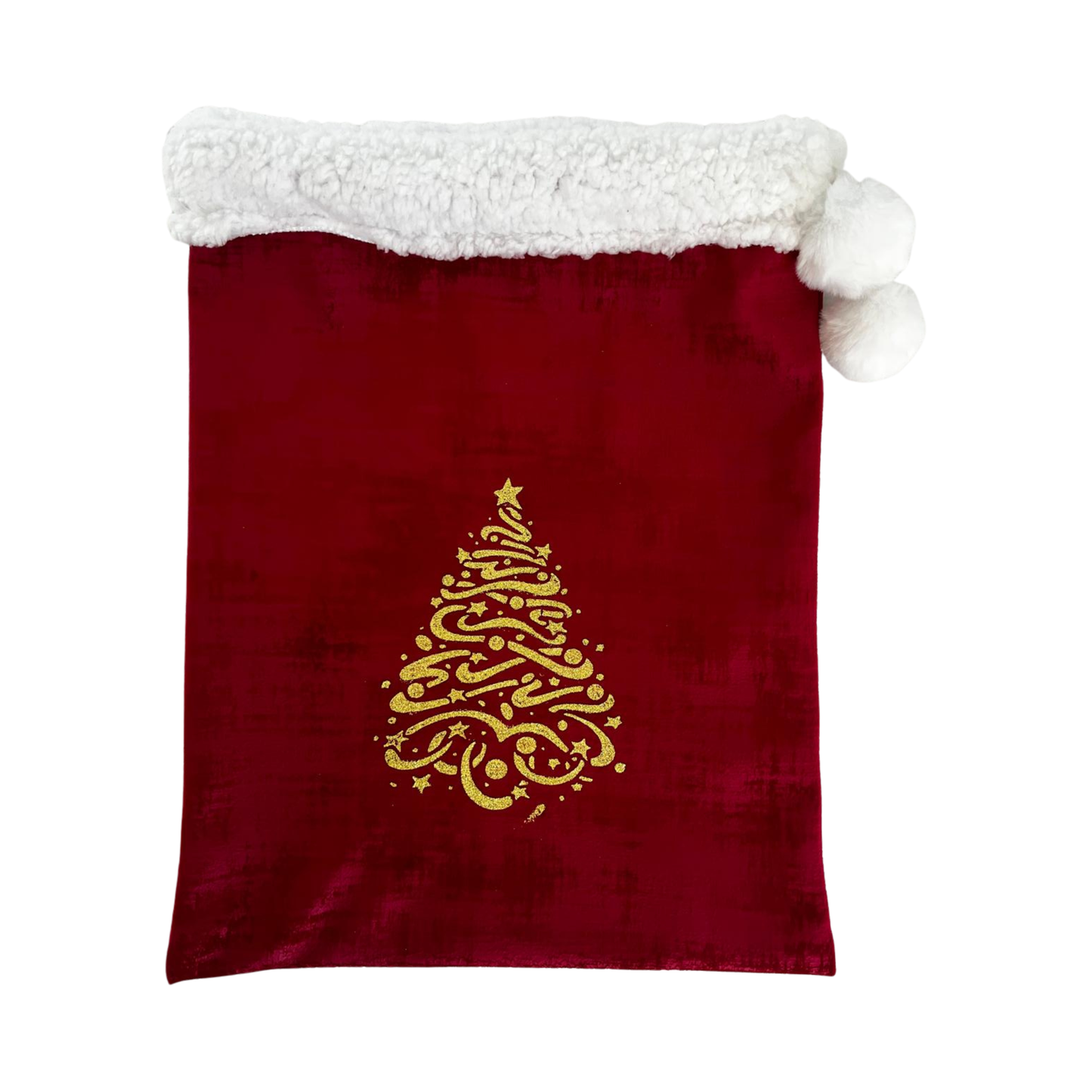 Nouveau ! Sac d’emballage cadeau de Noël en velours rouge et or – réutilisable et élégant- motif sapin