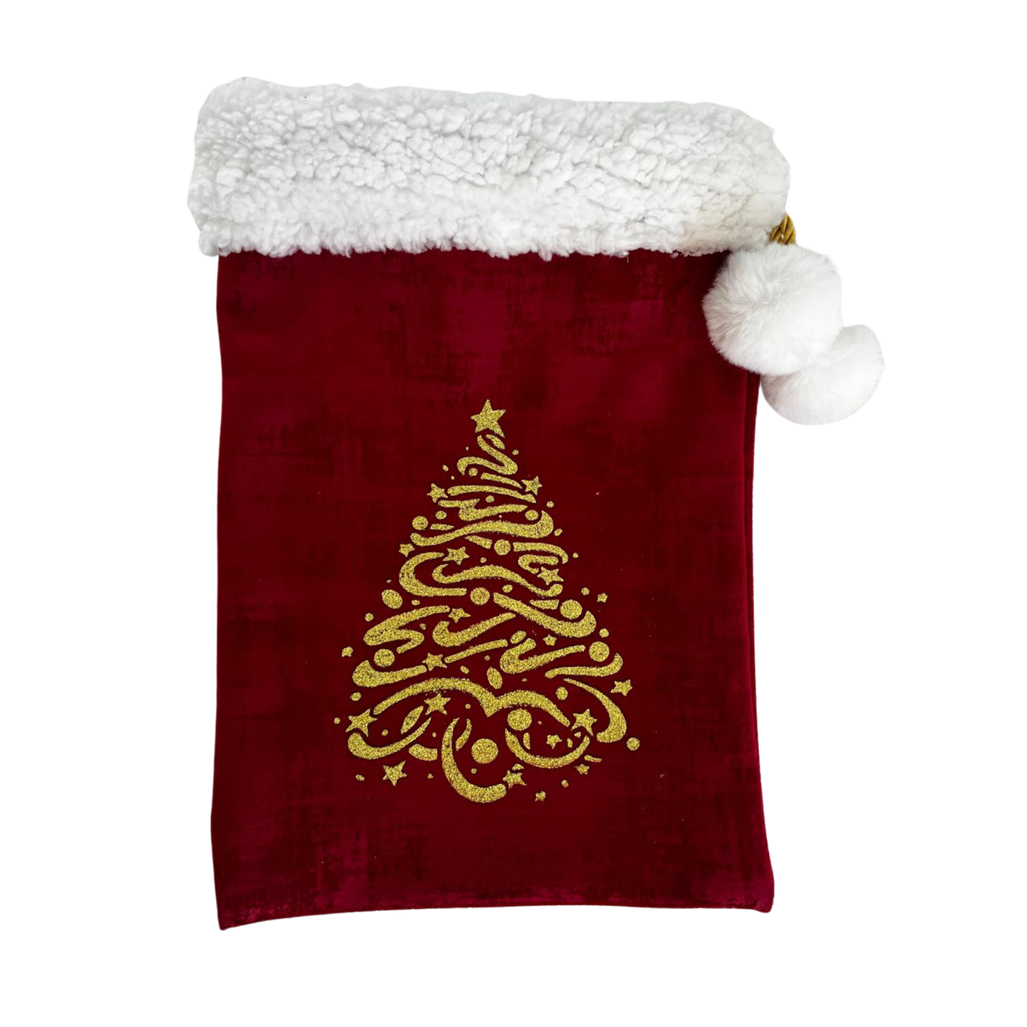 Nouveau ! Sac d’emballage cadeau de Noël en velours rouge et or – réutilisable et élégant- motif sapin