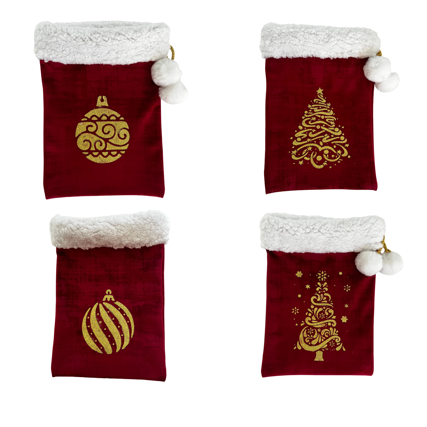 Nouveau ! Sac d’emballage cadeau de Noël en velours rouge et or – réutilisable et élégant- motif sapin