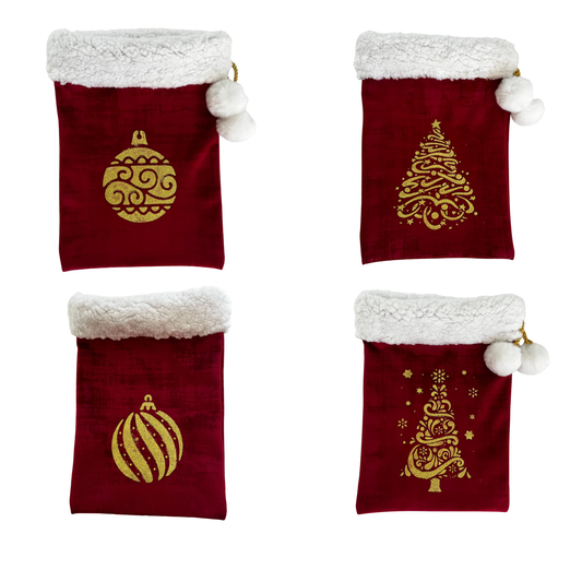 Nouveau ! Sac d’emballage cadeau de Noël en velours rouge et or – réutilisable et élégant- motif sapin