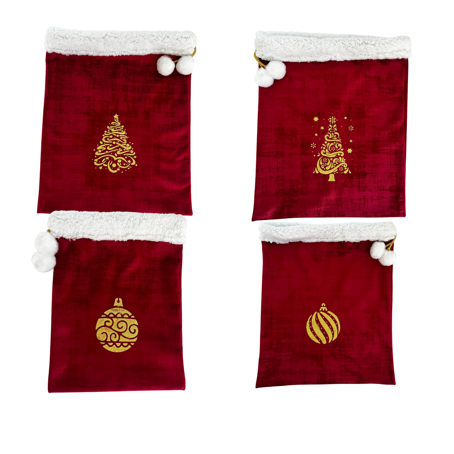 Nouveau ! Sac d’emballage cadeau de Noël en velours rouge et or – réutilisable et élégant- motif sapin