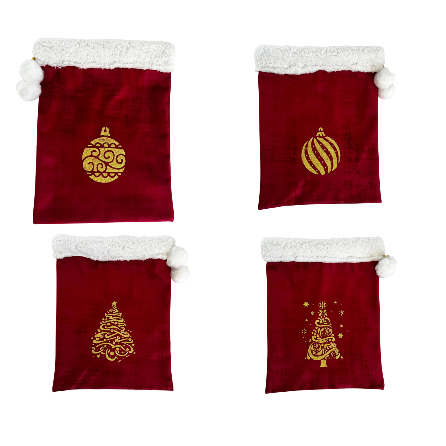 Nouveau ! Sac d’emballage cadeau de Noël en velours rouge et or – réutilisable et élégant- motif sapin