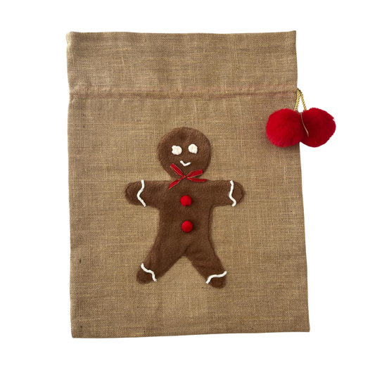 Sac en toile de jute à paillette dorées motif Bonhomme pain d'épice