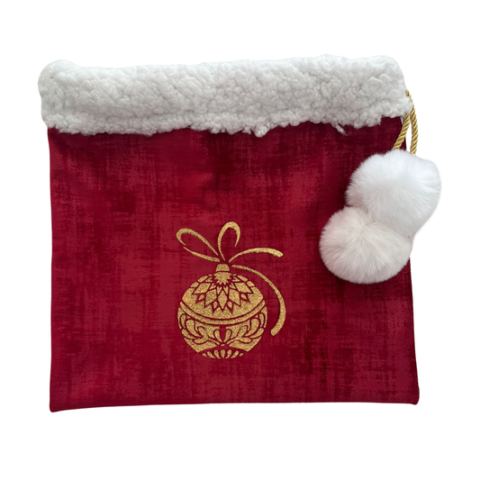 Sac d’emballage cadeau de Noël en velours rouge et or-motif boule de Noël noeud