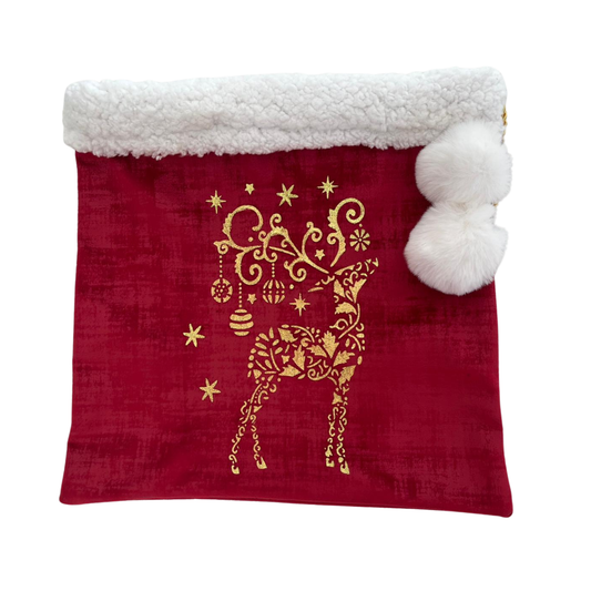 Sac d’emballage cadeau de Noël en velours rouge et or – réutilisable et élégant- motif renne
