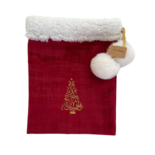 Sac d’emballage cadeau de Noël en velours rouge et or – réutilisable et élégant- motif sapin